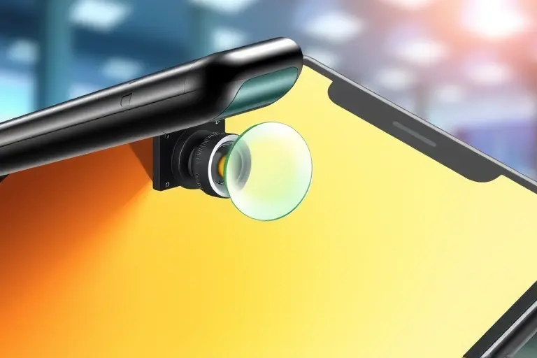 A close-up, detailed illustration of a smartphone with a gyroscope sensor visibly integrated into its design. The gyroscope is depicted as a small, sophisticated module seamlessly incorporated into the phone's frame. The background is blurred, suggesting a modern, technological environment. Focus on the intricate details of the gyroscope and its connection to the phone's internal components.