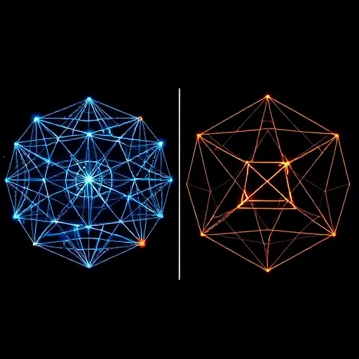 An abstract mathematical visualization representing the structural differences between Galois Fields GF(2^n) and GF(3^n). The image should feature two contrasting geometric networks or crystalline lattices: one based on binary symmetry (dual nodes, interconnected lines) and the other based on ternary symmetry (triangular patterns, triple-branching nodes). Use a futuristic, holographic aesthetic with glowing neon lines in blue and gold against a deep dark background, symbolizing theoretical compu