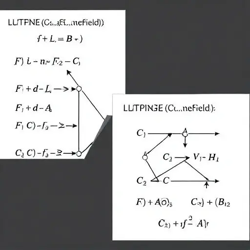 A visual representation of the Fundamental Theorem of Galois Theory, depicting the lattice of intermediate fields and subgroups of a Galois extension. Show the one-to-one correspondence between the fields and subgroups, with arrows indicating the inclusion relationships. Use abstract geometric shapes and connections to illustrate the structure without any text or labels.