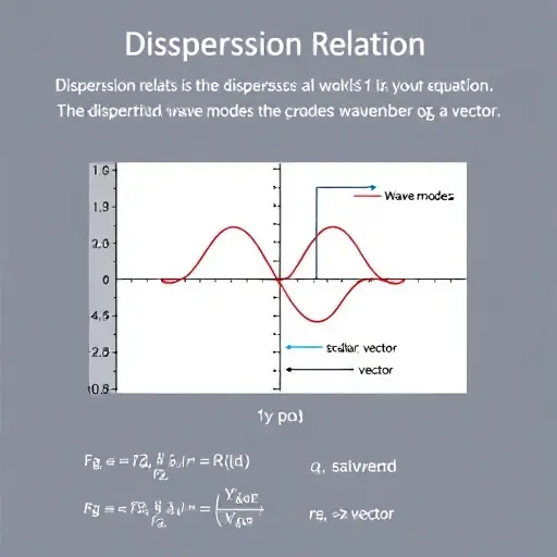 A visualization of the dispersion relation for a classical wave equation. Depict a plot with frequency on the x-axis and wavenumber on the y-axis. Show different wave modes (e.g., scalar, vector) with distinct curves illustrating their dispersion characteristics. Include labels for axes and curves. The background should be clean and uncluttered, emphasizing the mathematical concept.