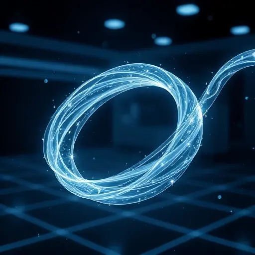 A futuristic illustration showing a sleek, transparent fiber optic cable made entirely of swirling air particles and light, floating in a high-tech laboratory setting with subtle glowing particles and a dark, sleek background, emphasizing the concept of optics crafted from air