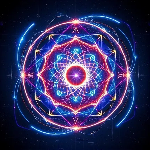 A conceptual and artistic visualization of quantum mechanics and particle physics. Central composition featuring abstract geometric representations of symmetry groups, such as interlocking spheres, rotating polyhedrons, and glowing mathematical manifolds. Ethereal energy ribbons and quantum wave patterns swirling around a central point of singularity. Deep cosmic background with neon blue, violet, and gold light accents, symbolizing the fundamental structure of the universe and elementary partic