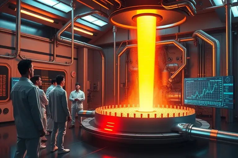 A futuristic laboratory scene showing a glowing fusion reactor core with bright plasma arcs, scientists in modern attire observing holographic data displays, sleek metallic surfaces, soft ambient lighting, and subtle energy waves emanating from the reactor, all rendered in high-quality 768x512 resolution
