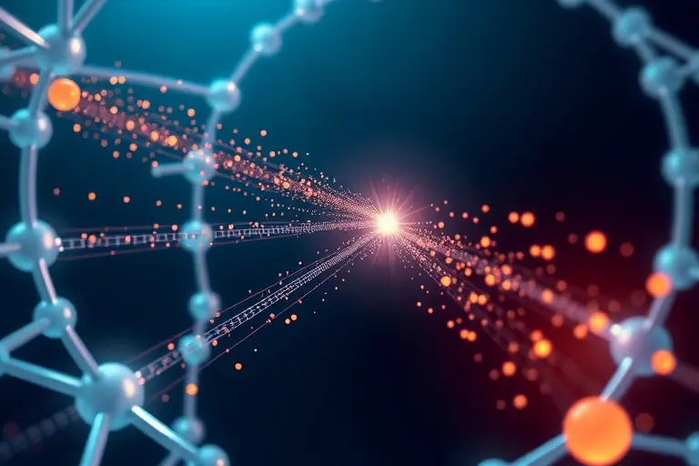 A highly detailed scientific illustration showing atomic particles flowing through a conductor without resistance, visualized as smooth, glowing streams of particles moving effortlessly through a crystalline lattice, with subtle quantum wave patterns and energy fields, rendered in a futuristic technical art style with precise line work and luminous gradients