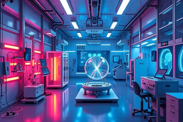 A futuristic scientific laboratory with low-voltage equipment synthesizing quark-gluon plasma, featuring glowing containment fields, particle accelerators, and quantum sensors emitting soft blue and violet light, with subtle energy arcs and plasma filaments visible in vacuum chambers, all rendered in high detail with a clean, advanced tech aesthetic