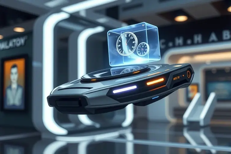 A futuristic gadget that appears to defy the laws of physics, such as a floating device with no visible support, a time-traveling wristwatch, or a holographic projector creating a 3D image in mid-air. The gadget should have a sleek, high-tech design with metallic and glowing elements. The background should be a modern, high-tech environment with subtle lighting effects.