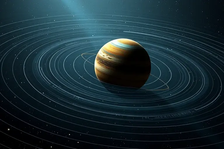 A scientific illustration of a gravitational field surrounding a massive celestial body, depicted as curved lines of force in a 3D space, with subtle gradients to represent field strength, no text or labels, realistic astrophysical style