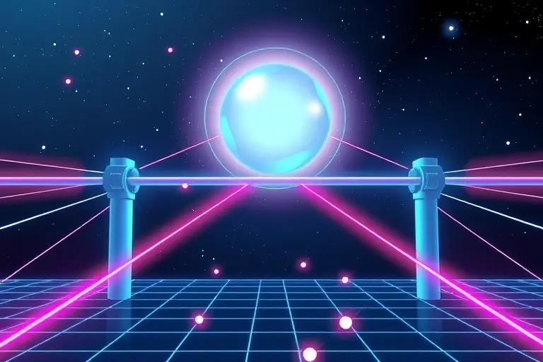 A stylized illustration of a quantum bridge connecting two quantum nodes, with a qubit represented as a glowing sphere moving from one node to the other through a quantum channel, showing entanglement lines and a teleportation effect, in a futuristic sci-fi style, no text or symbols