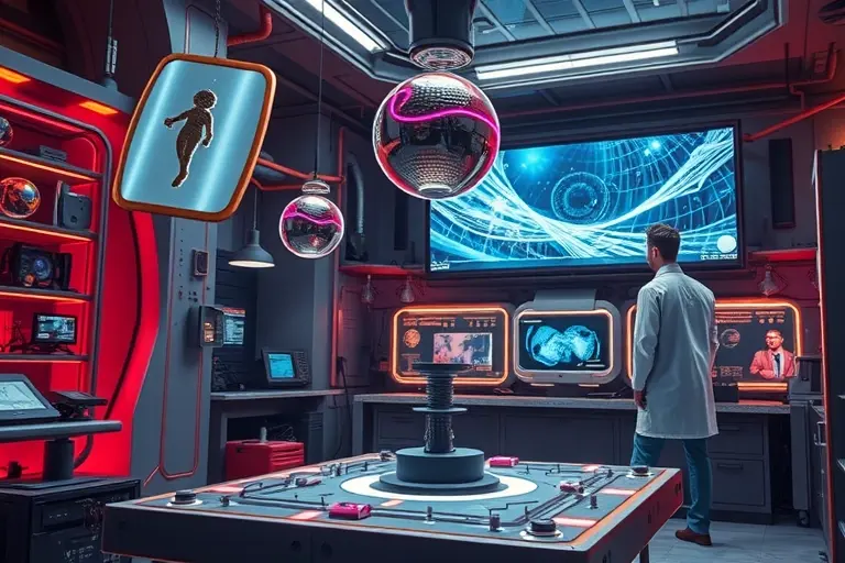 A futuristic laboratory setting showcasing advanced gadgets that push the boundaries of classical physics. The image should include floating objects defying gravity, holographic displays, and devices emitting strange energy fields. The scene should have a high-tech, scientific atmosphere with scientists in lab coats observing and interacting with these innovative technologies.
