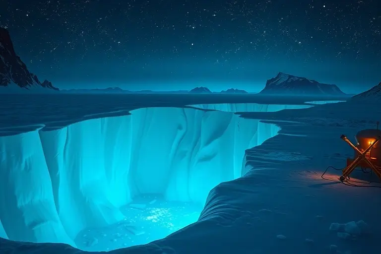 A dramatic Antarctic landscape with ancient ice cores being extracted from a glacier, showing faint glowing traces of stardust particles embedded in the ice under soft blue light, with a starry night sky above and a research station in the distance, scientific instruments nearby, realistic and awe-inspiring, no text or labels
