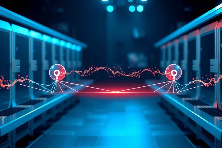 A futuristic, abstract illustration of a quantum bridge connecting two distant nodes, with streams of entangled qubits represented as glowing particles traveling between them. The scene should emphasize the concept of quantum teleportation, featuring a network of interconnected nodes, holographic data streams, and a subtle, glowing bridge structure that symbolizes the quantum link. The background should suggest a high-tech IT infrastructure environment, with sleek, metallic surfaces and soft blu