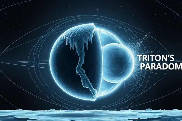 A surreal depiction of Triton's paradox in physics, showing a frozen moon with contradictory physical behaviors: one side in perfect thermal equilibrium, the other in chaotic motion, surrounded by faint gravitational field lines and quantum fluctuations, all in a dark cosmic void with distant stars, no text or labels