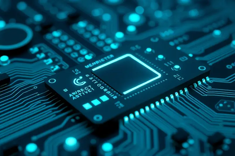 A futuristic electronic circuit board with glowing graphene-based memristors, showing ultra-low power consumption through soft blue and green light pulses, nanoscale structures visible under magnification, abstract representation of energy efficiency and next-generation technology, clean minimalist design with high-tech aesthetic
