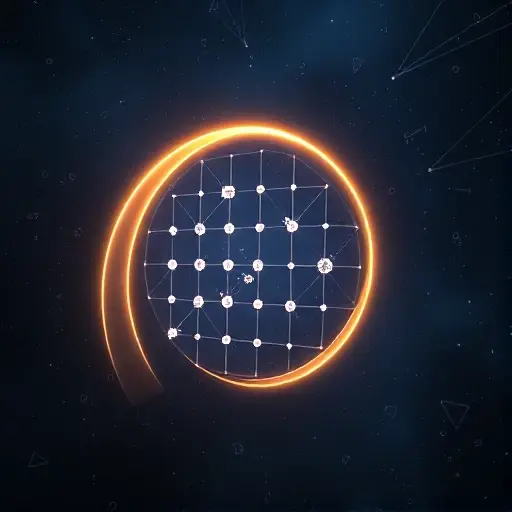 An abstract mathematical visualization of an elliptic curve represented as a smooth, elegant looping curve in a 3D coordinate space. The curve is glowing with a soft golden light, intersecting with a grid of translucent crystalline points representing a group of rational points. The background is a deep cosmic indigo with faint geometric patterns and floating algebraic symbols, evoking the concept of number fields and algebraic rank. High detail, cinematic lighting, mathematical precision, ether