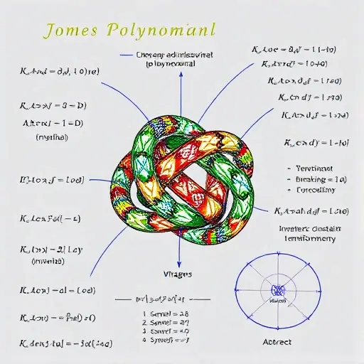 A detailed mathematical visualization of the Jones polynomial in knot theory, showing a complex knot diagram with color-coded crossings and algebraic expressions of the polynomial invariant floating nearby, abstract representations of separability power and invariant constraints illustrated through geometric transformations and symmetry breaking, all rendered in a clean, high-quality scientific illustration style