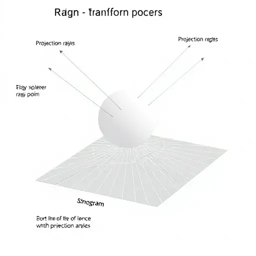 A schematic diagram illustrating the Radon transform process. The image should depict a 3D object (e.g., a sphere or a more complex shape) with rays emanating from points on its surface. These rays should be projected onto a 2D plane, forming lines on a sinogram. The sinogram should show the intensity variations resulting from the projection angles. Include labels indicating the object, projection rays, projection plane, and sinogram. The overall aesthetic should be clean and informative, suitab