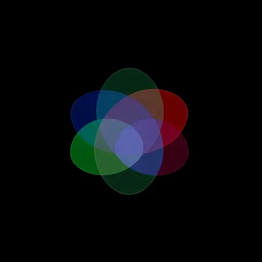 An abstract symbolic representation of the law of excluded third in many-valued logical systems, featuring overlapping translucent geometric shapes in three distinct colors (blue, green, red) forming a Venn-like diagram with a central gap or neutral zone, suggesting uncertainty or intermediate truth values, floating in a dark void with faint binary code patterns subtly embedded in the background, minimalist and precise, no text or labels