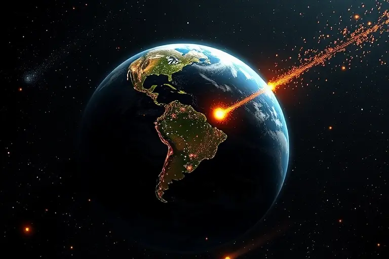 A realistic depiction of Earth with tiny meteoroids and cosmic dust particles entering the atmosphere, glowing faintly as they burn up, surrounded by the darkness of space, illustrating the daily accumulation of hundreds of tons of extraterrestrial material on Earth's surface