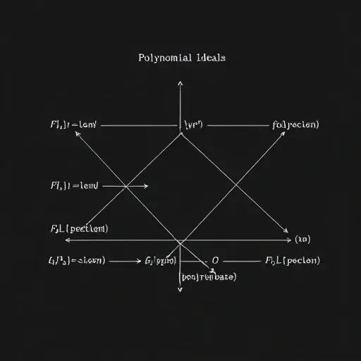 An abstract mathematical visualization of Gröbner bases and polynomial ideals, showing interconnected algebraic structures like polynomial rings, ideal generators, and basis reduction steps in a clean, minimalist diagram with symbolic notation and geometric flow, suitable for theoretical mathematics education
