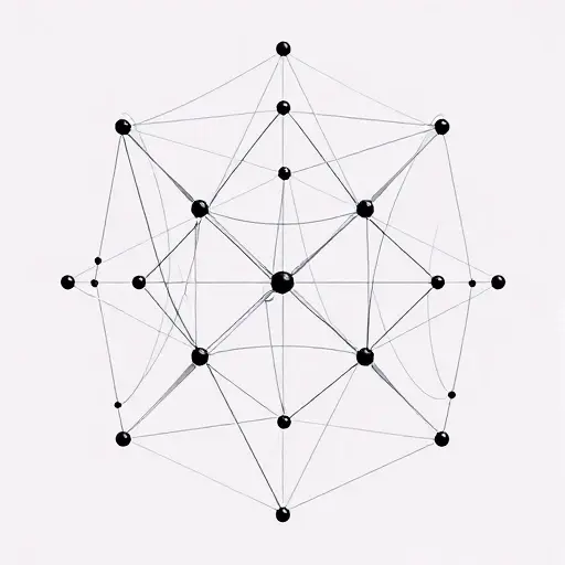 An abstract representation of the relationship between the word problem and the isomorphism problem in finitely presented groups. Depict interconnected nodes and edges symbolizing group elements and their relationships, with a focus on symmetry and structure. Use geometric shapes and patterns to convey the complexity and interconnectedness of these mathematical concepts.