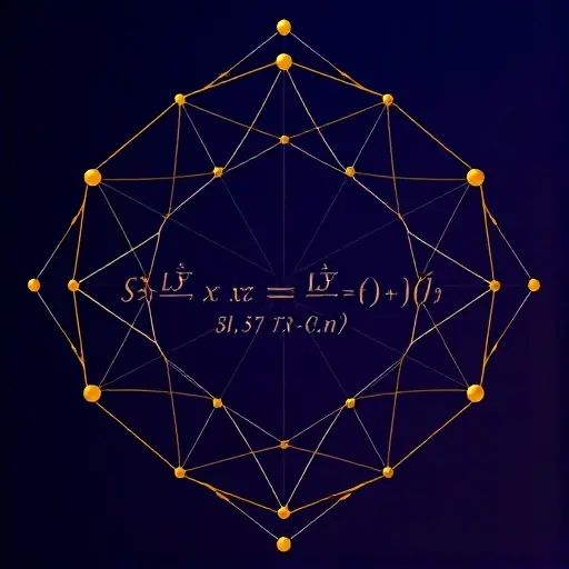 A complex mathematical equation visually represented with interconnected geometric shapes and lines, symbolizing the recursive definition of power series coefficients in analytical differential equations. The equation should be the central focus, with the shapes radiating outwards to represent the iterative process. Use a color palette of deep blues, purples, and subtle gold accents to convey sophistication and complexity.