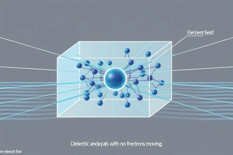 A clear illustration of a dielectric material in physics and electrodynamics, showing atomic structure with bound charges, electric field lines penetrating the material without current flow, and no free electrons moving, depicted in a scientific, clean, and educational style
