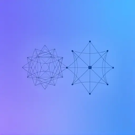Abstract representation of Banach and Hilbert spaces. Depict two interconnected, stylized geometric shapes – one representing a Banach space (perhaps a complex, interwoven network) and the other a Hilbert space (more ordered, with clear directional vectors). Use subtle gradients and lighting to differentiate them. The background should be a clean, minimalist gradient of blue and purple. Focus on conveying the abstract mathematical concepts visually, avoiding literal depictions of vectors or func