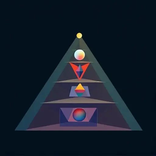 An abstract illustration representing the concept of the cumulative hierarchy of von Neumann in set theory. The image should depict a series of nested, ascending layers or levels, each containing elements that build upon the previous ones. Use geometric shapes and a gradient of colors to symbolize the hierarchical structure, with each level becoming more complex and detailed as it ascends. The overall composition should convey a sense of progression and accumulation.