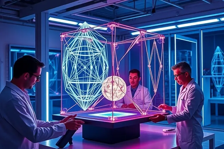 A futuristic laboratory scene showing scientists assembling a glowing two-dimensional time crystal, with intricate lattice structures floating in mid-air, neon blue and violet light, high detail, scientific atmosphere