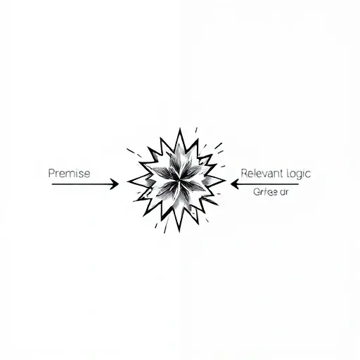 An abstract visual representation of logical implication: one side shows classical logic with a simple arrow from premise to conclusion, the other side shows relevant logic with a meaningful connection (like a bridge or shared symbol) between premise and conclusion, and in the center, a broken explosion or crossed-out 'ex falso quodlibet' symbol (e.g., a shattered bomb or crossed-out falsehood implying anything), all in a clean, minimalist, high-quality style suitable for educational illustratio