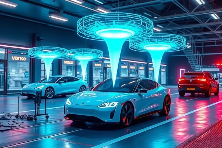 A futuristic scene showing wireless energy transfer in action: glowing energy beams or fields wirelessly powering smartphones, electric cars, and other devices, clean high-tech environment, no wires, no text or numbers on objects, vibrant colors, high quality