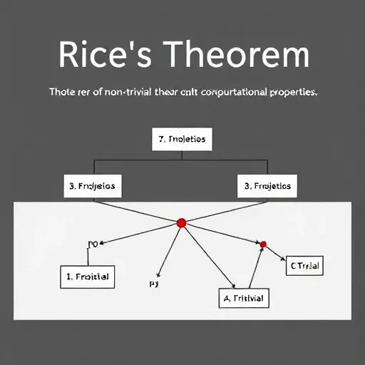 A visual representation of Rice's Theorem, illustrating the concept of non-trivial properties in computational theory. The image should depict a flowchart or a diagram with interconnected nodes representing different properties of functions, highlighting the distinction between trivial and non-trivial properties. Use abstract shapes and lines to convey the complexity and interconnectedness of these properties.