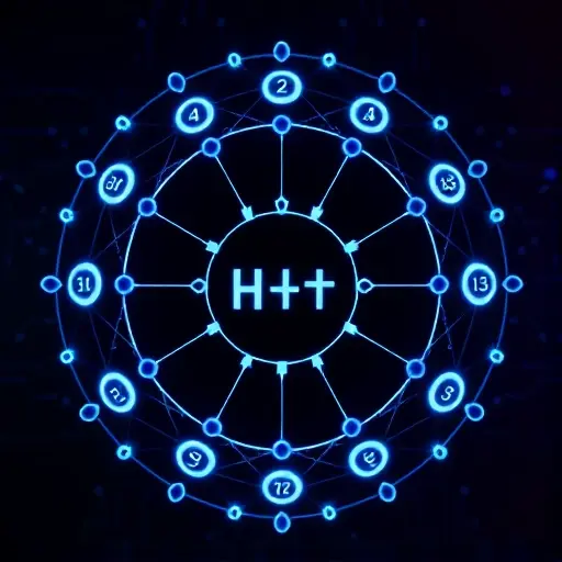 An abstract visual representation of modular arithmetic in cryptography, featuring interconnected nodes forming a circular pattern symbolizing residues modulo n, with glowing numbers and arrows indicating congruence relations, subtle lattice structures in the background, and a central hash function icon composed of modular operations, all in a clean, high-detail, smallHQ style with soft neon blues and purples on a dark gradient background