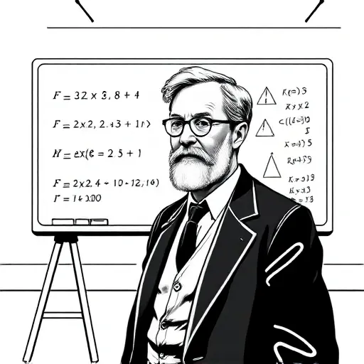 A black and white illustration of L. E. J. Brouwer, the founder of intuitionism, standing in front of a whiteboard with mathematical symbols and diagrams representing the concept of algorithmic constructibility. The setting should be a simple, minimalist academic environment with a focus on the intellectual atmosphere.