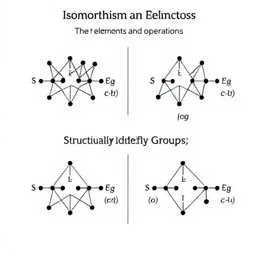 A visual representation of the concept of isomorphism in finite groups, showing two distinct but structurally identical groups with their elements and operations. The image should depict abstract geometric shapes or nodes connected by lines to represent group elements and their relationships, emphasizing symmetry and equivalence. The background should be minimalistic to focus on the group structures.