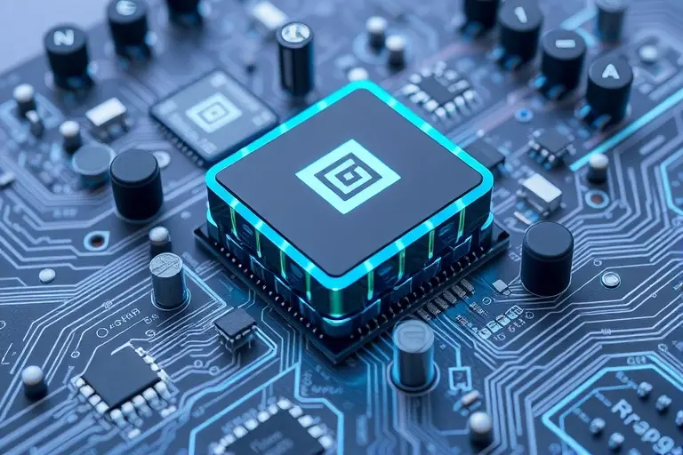 A futuristic electronic circuit board with a boron arsenide cooling component integrated into it. The cooling component should be highlighted with a glowing blue effect to emphasize its advanced cooling capabilities. The circuit board should have intricate, detailed patterns and modern electronic components. The overall scene should have a high-tech, clean, and sleek appearance.