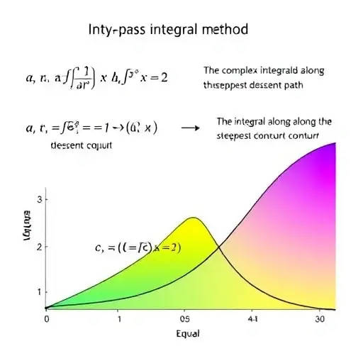 A visual representation of the 'pass method' in asymptotic analysis of integrals. Depict a complex integral with a contour. Show the contour being deformed along the steepest descent path. Illustrate the relationship between the original integral and the integral along the deformed contour, emphasizing that they are equal. Use color gradients to represent the magnitude of the integrand along the contour, with brighter colors indicating larger values.