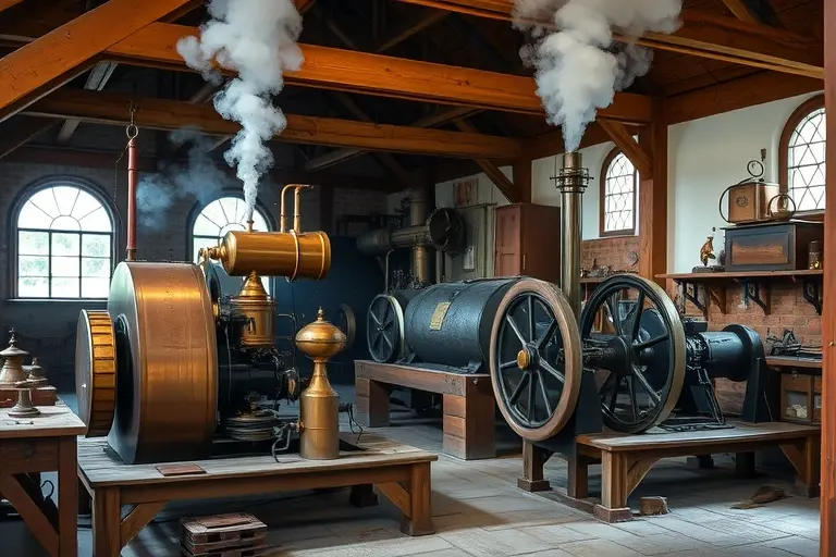 A historical depiction of the invention and development of the steam engine, showing early prototypes like Newcomen's atmospheric engine and Watt's improved steam engine in an 18th-century industrial workshop, with brass components, wooden structures, and steam rising, realistic lighting, no people, no text, no modern elements