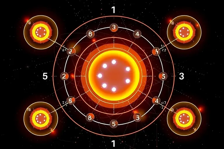 A scientific illustration of atomic nuclei with magic numbers, showing stable proton and neutron configurations in a nuclear shell model, with concentric energy levels and filled orbitals, rendered in a detailed, realistic scientific style