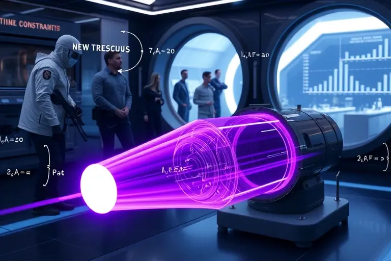 A futuristic laboratory scene illustrating the concept of a dark photon and the hypothesis of a fifth fundamental interaction. In the foreground, a sleek, translucent particle collider emits a faint, violet glow representing the dark photon. Surrounding the collider, holographic data streams and mathematical equations float in midair, symbolizing new stringent constraints. In the background, a team of diverse scientists in high-tech suits observe the collider through a glass viewport, their expr
