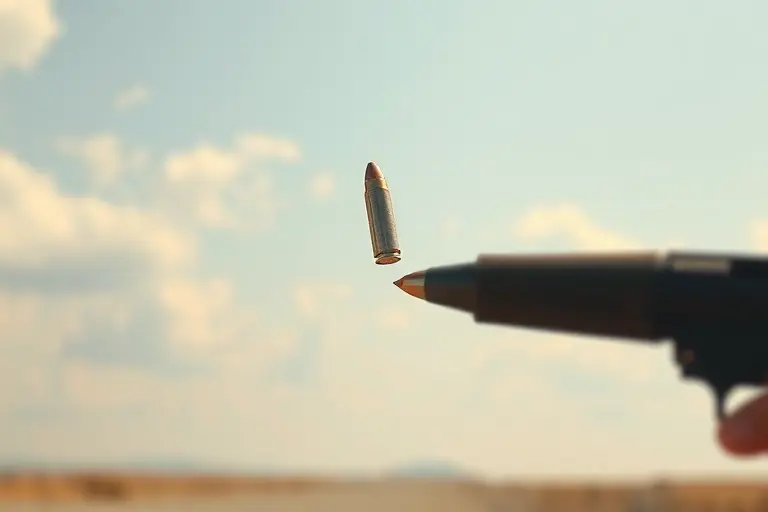 A dramatic scene showing a bullet fired vertically into the air from a firearm, mid-trajectory, with visible motion blur and atmospheric perspective. The bullet is small and metallic, leaving a faint trail, set against a clear sky with soft clouds. Below, a distant ground level shows a faint shadow or impact zone where the bullet will eventually fall, emphasizing the danger of celebratory gunfire. No text, labels, or symbols are present. The composition emphasizes physics: initial high velocity,