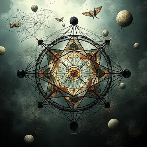 A surreal and abstract representation of the Gretling-Nelson paradox, featuring intertwined geometric shapes and patterns that symbolize the paradoxical nature of the concept. The image should evoke a sense of complexity and intrigue, with a focus on the interplay between different elements.