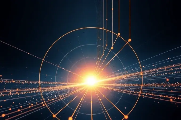A theoretical physics visualization of low-energy quark-gluon plasma synthesis: abstract representation of subatomic particles (quarks and gluons) beginning to deconfine in a low-energy collision scenario, depicted with soft glowing quantum fields, faint Feynman diagram-like lines in the background, and a subtle energy gradient suggesting non-thermal production mechanisms. The scene is set in a minimalist, high-contrast scientific illustration style with deep blues and gold accents, evoking quan