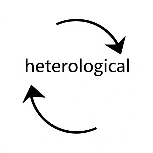 A visual representation of the Grelling-Nelson paradox, depicting a self-referential loop with a word that describes itself as 'heterological'. The image should show a circular arrow pointing back to itself, symbolizing the paradoxical nature of the term. The background should be minimalistic with a focus on the central concept of self-reference and logical contradiction.