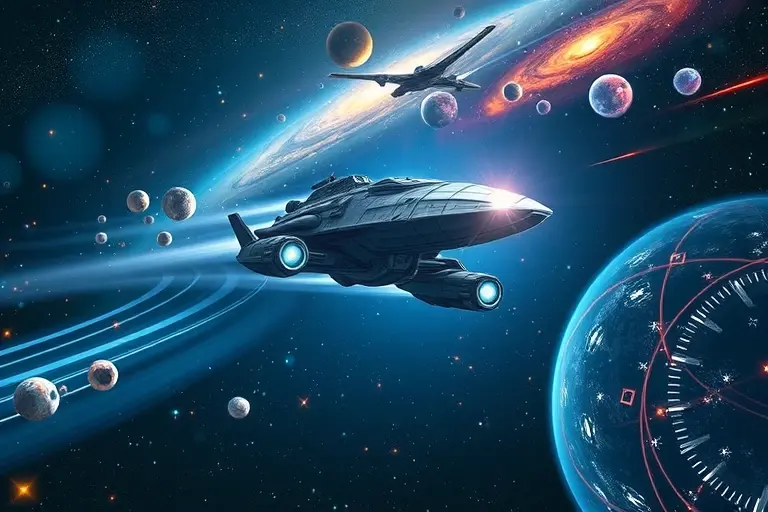 A visually stunning depiction of Einstein's theory of relativity. Show a spaceship traveling at near light speed, warping spacetime around it. Include visual representations of time dilation and length contraction. The background should feature galaxies and nebulae, emphasizing the vastness of space.