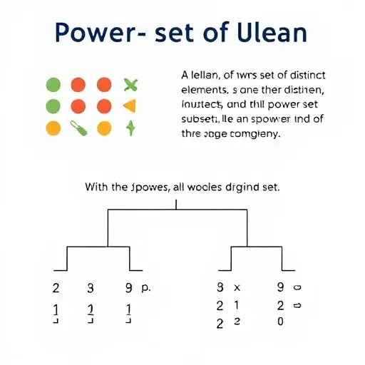 A visual representation of the concept of the power set (Bulean) of a set. The image should show a set of distinct elements, such as geometric shapes or symbols, and then illustrate the power set by displaying all possible subsets of the original set. Use a clean and minimalistic design with clear, distinct elements to represent the subsets. The subsets can be shown in a structured manner, such as in a tree or a list, to emphasize the hierarchical nature of the power set.