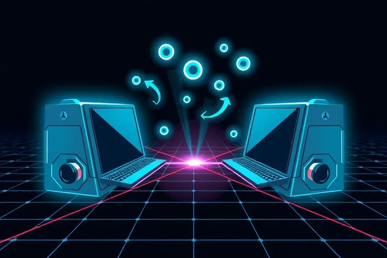 A stylized illustration showing two futuristic computers connected by a glowing quantum entanglement bridge, with abstract quantum bits represented as floating spheres exchanging between the machines, surrounded by a subtle grid of interconnecting lines, all in a sleek, high-tech aesthetic.