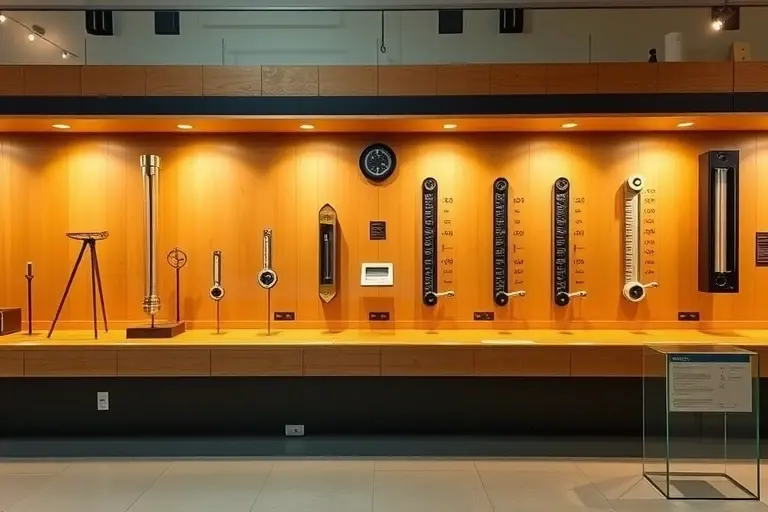A historical timeline showing the evolution of thermometry, featuring ancient Greek water thermoscopes, Galileo's early thermometers, Fahrenheit's and Celsius's mercury thermometers, and modern digital thermometers, all arranged in a scientific museum display with wooden shelves and soft lighting, no text or labels