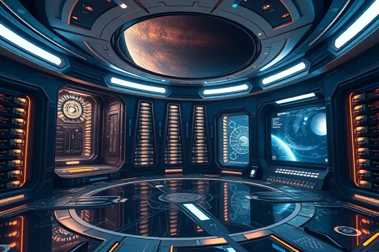 A futuristic, high-tech space station with advanced memory storage systems. The station should have intricate, glowing data storage units and holographic displays showing cosmic events. The scene should depict the concept of recording and preserving cosmic events in a vast, interstellar library. The environment should be sleek and modern, with a sense of vastness and technological sophistication.