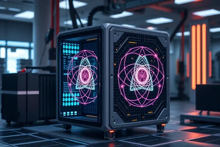 A futuristic quantum computing device with topological qubits represented as stable, swirling patterns of exotic particles, surrounded by subtle quantum field lines, in a high-tech laboratory setting with soft blue and silver lighting, no text or numbers